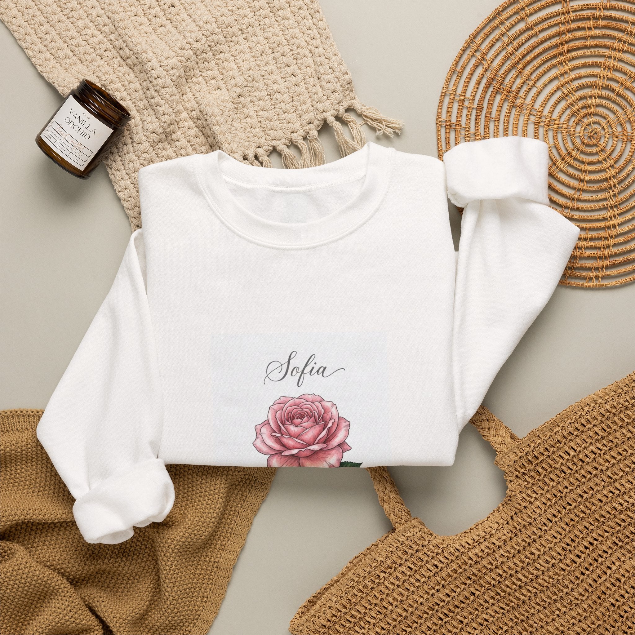 Personalized Birth Flower Rose Sweatshirt | Botanical, Watercolor, Custom Name