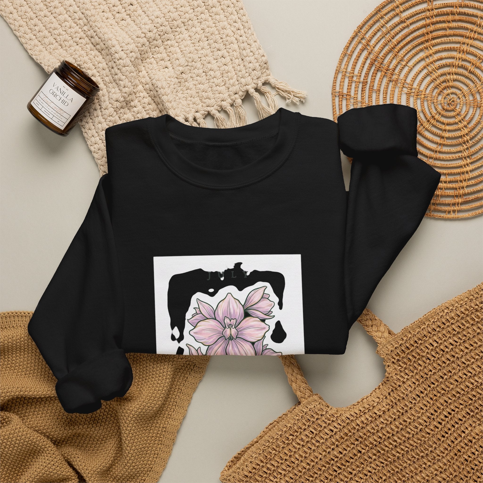 July Birth Flower Crewneck Sweatshirt | Botanical Watercolor, Personalized Name