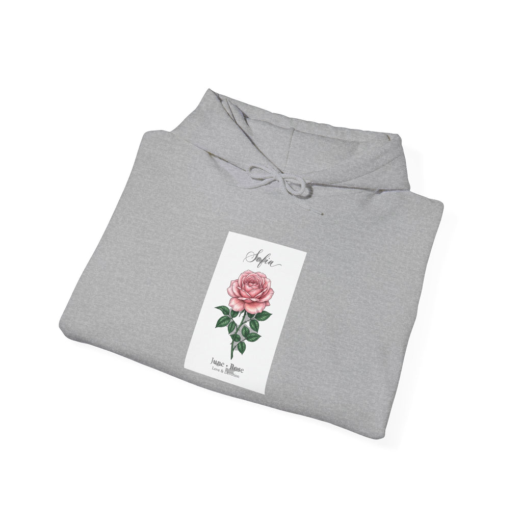 June Birth Flower Rose Hoodie, botanical watercolor, personalized name