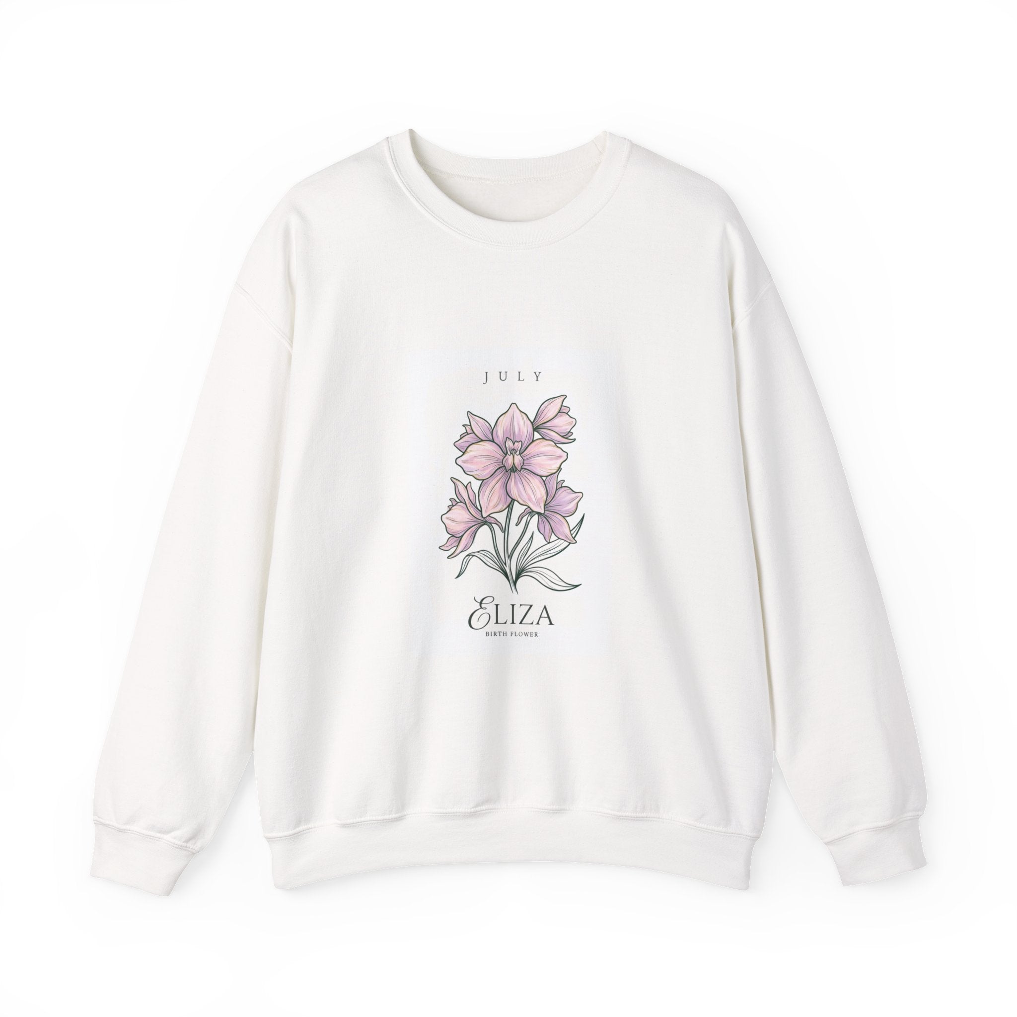 July Birth Flower Crewneck Sweatshirt | Botanical Watercolor, Personalized Name