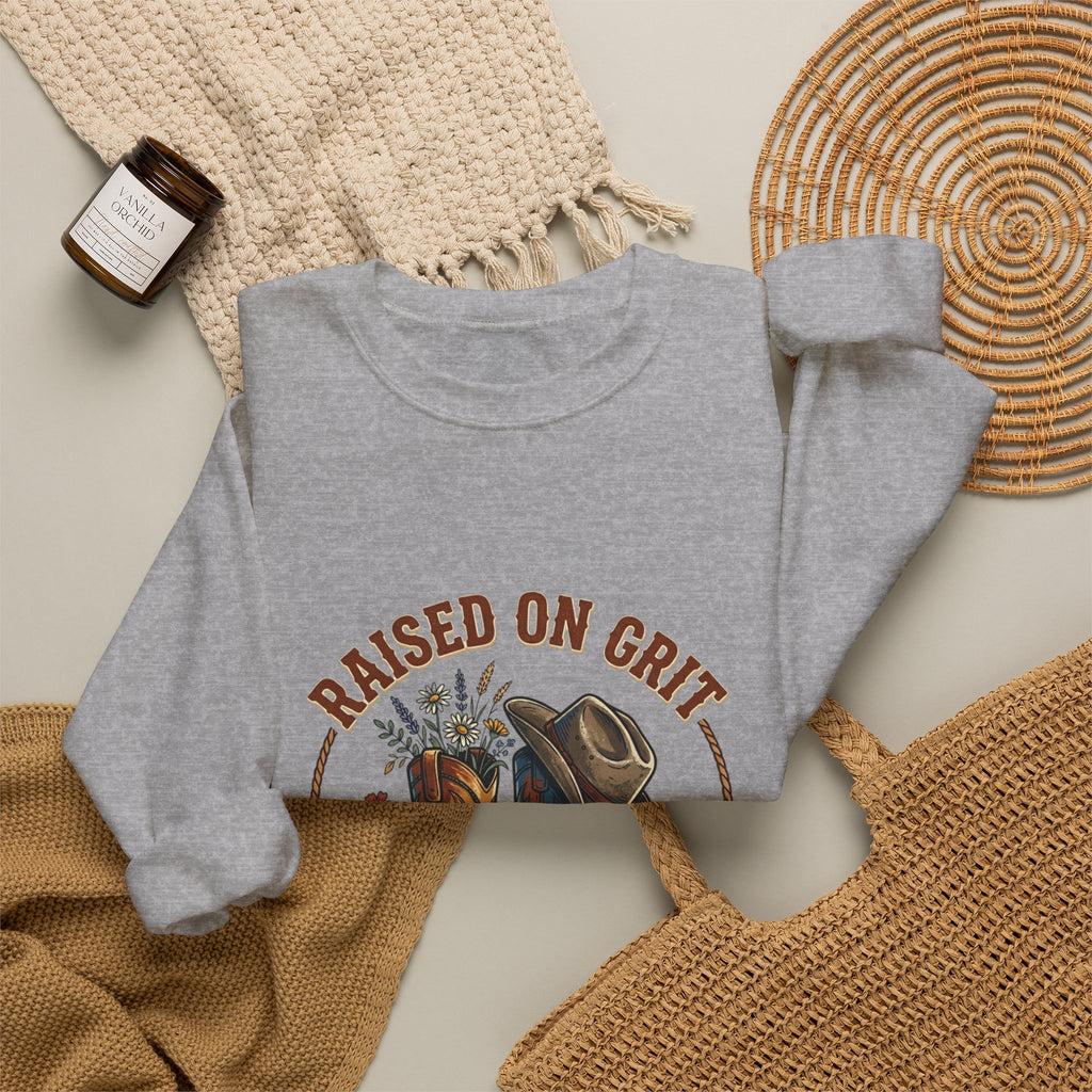 Raised on Grit Boots & Hat Crewneck Sweatshirt | western rustic prairie vintage