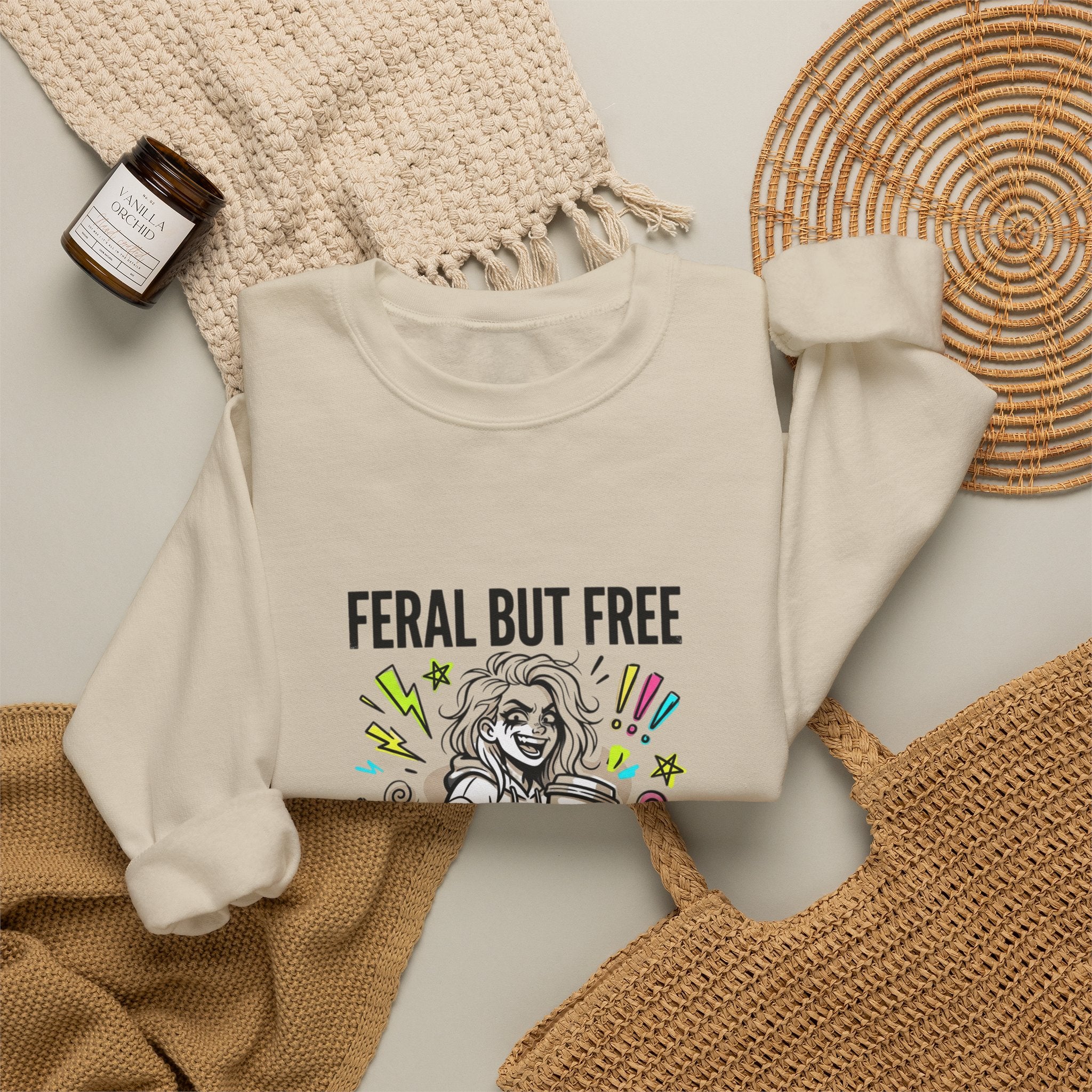 Feral But Free crewneck | chaotic quirky humor, millennial burnout
