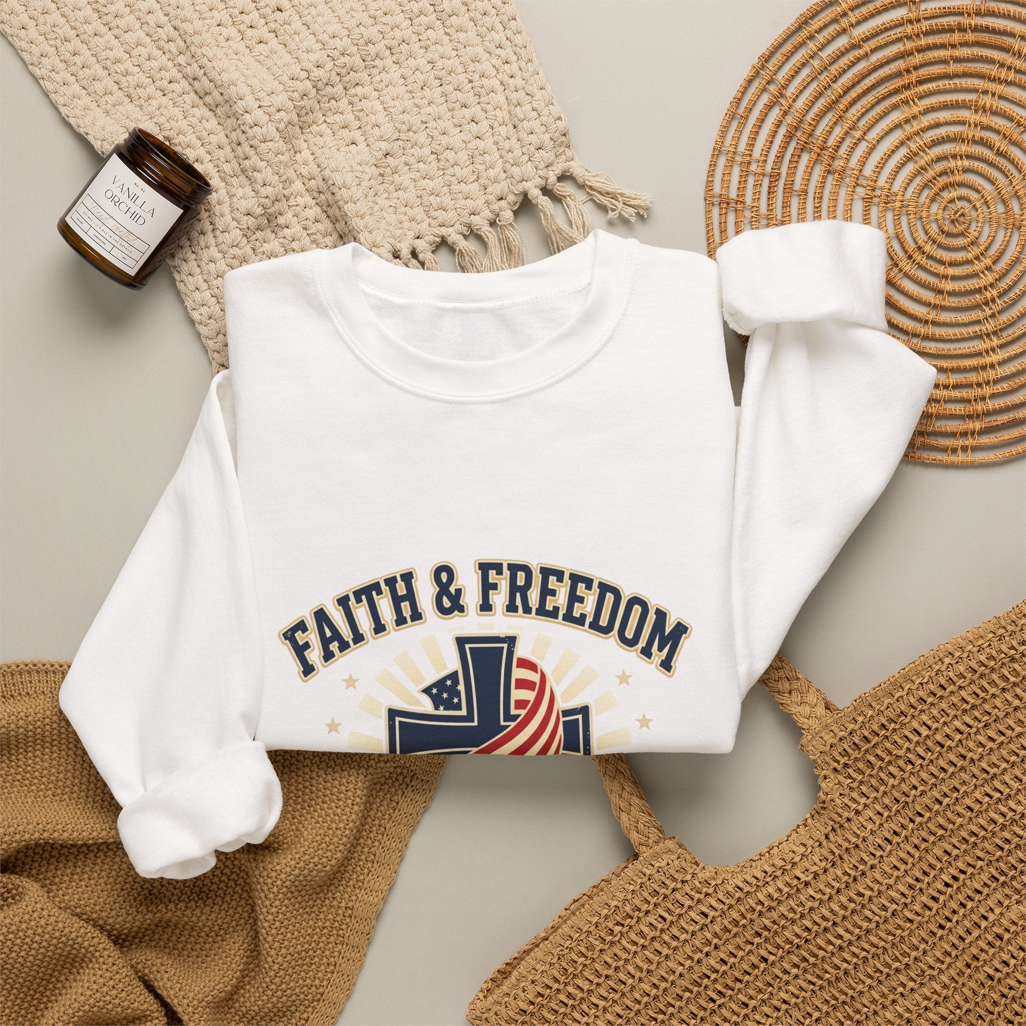 Faith & Freedom cross crewneck Sweatshirt | patriotic, faith-based, vintage Americana