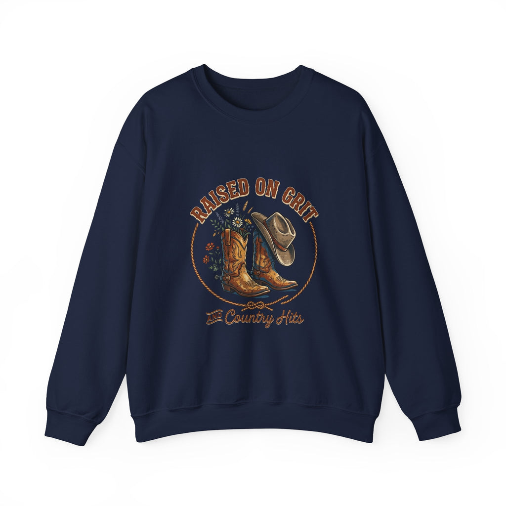 Raised on Grit Boots & Hat Crewneck Sweatshirt | western rustic prairie vintage