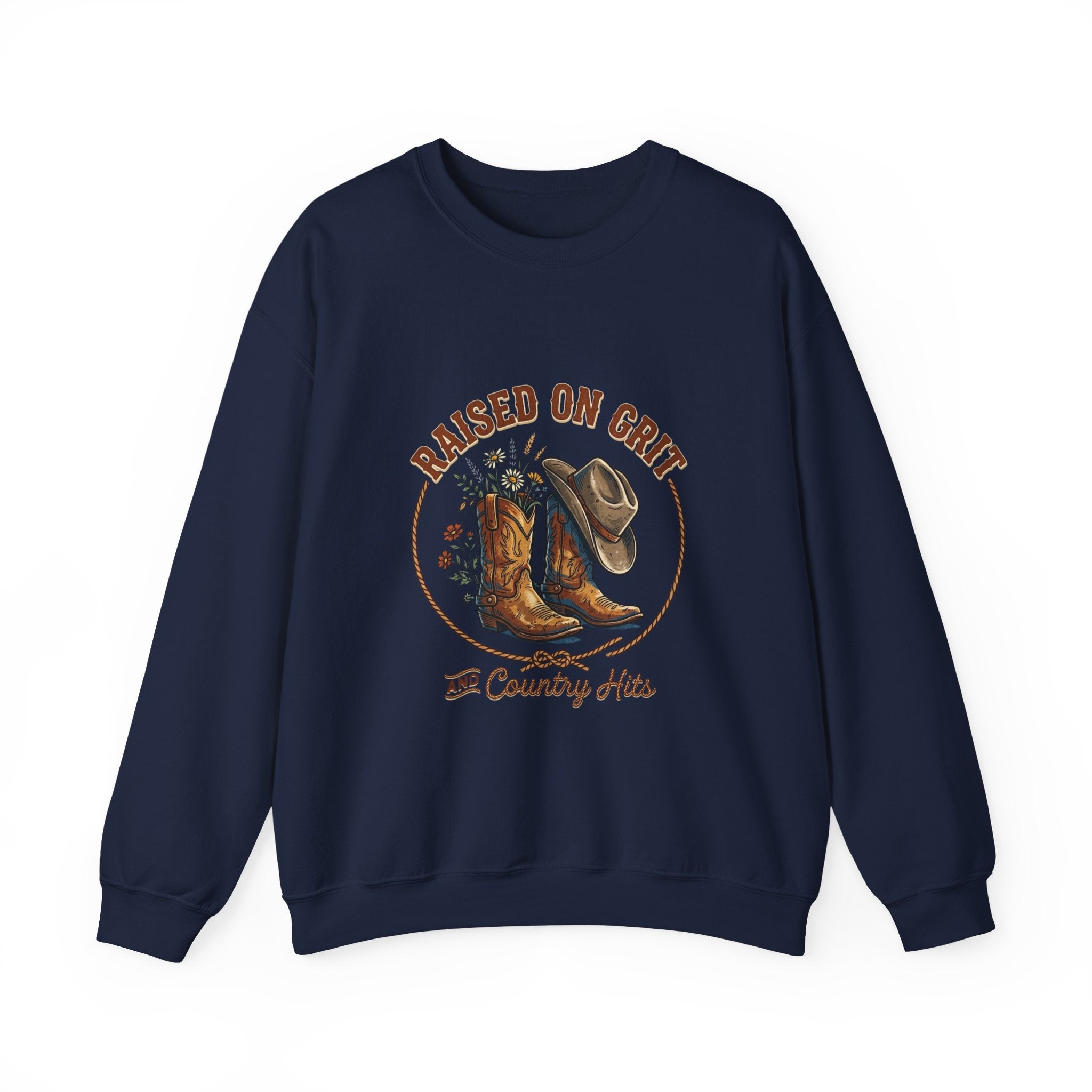 Raised on Grit Boots & Hat Crewneck Sweatshirt | western rustic prairie vintage