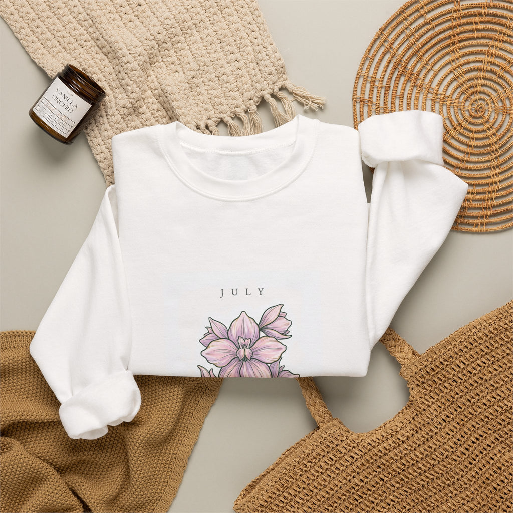 July Birth Flower Crewneck Sweatshirt | Botanical Watercolor, Personalized Name