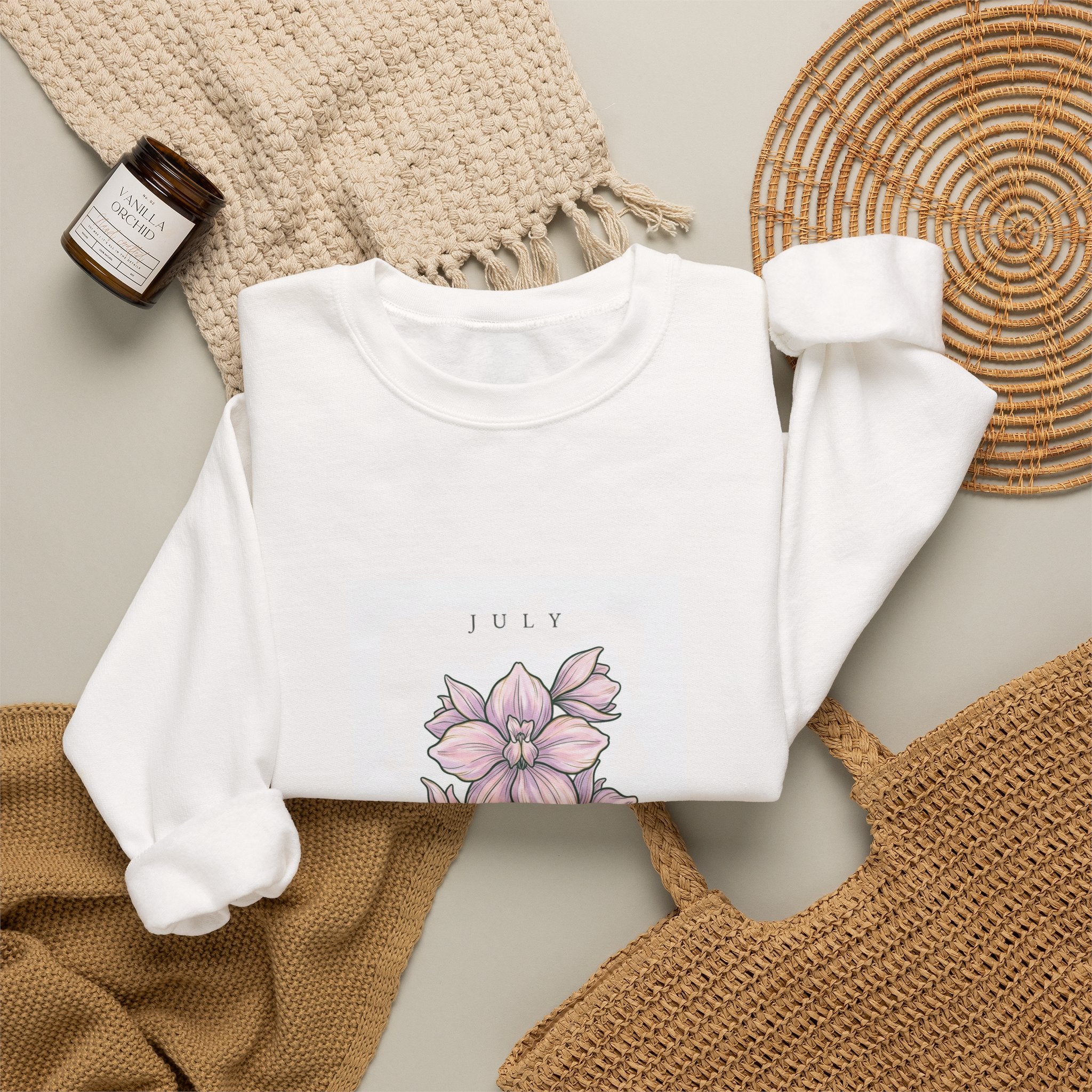 July Birth Flower Crewneck Sweatshirt | Botanical Watercolor, Personalized Name