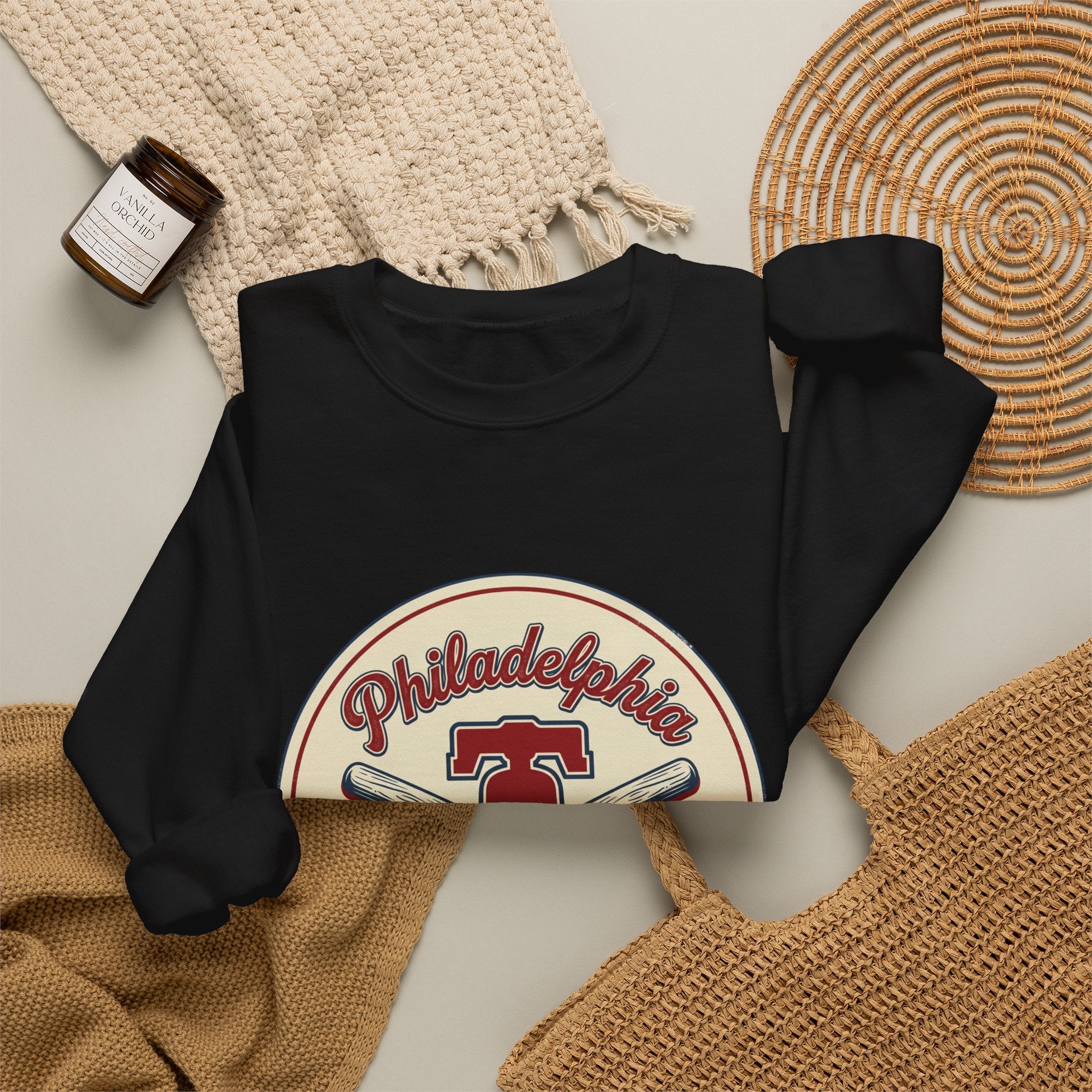 Philadelphia Baseball Crewneck, vintage script, state outline, athletic city pride