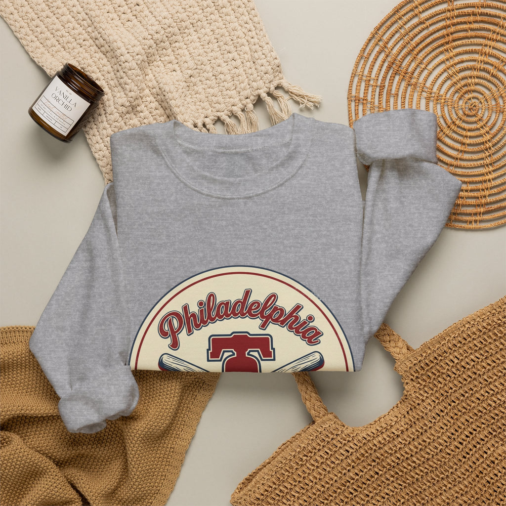 Philadelphia Baseball Crewneck, vintage script, state outline, athletic city pride