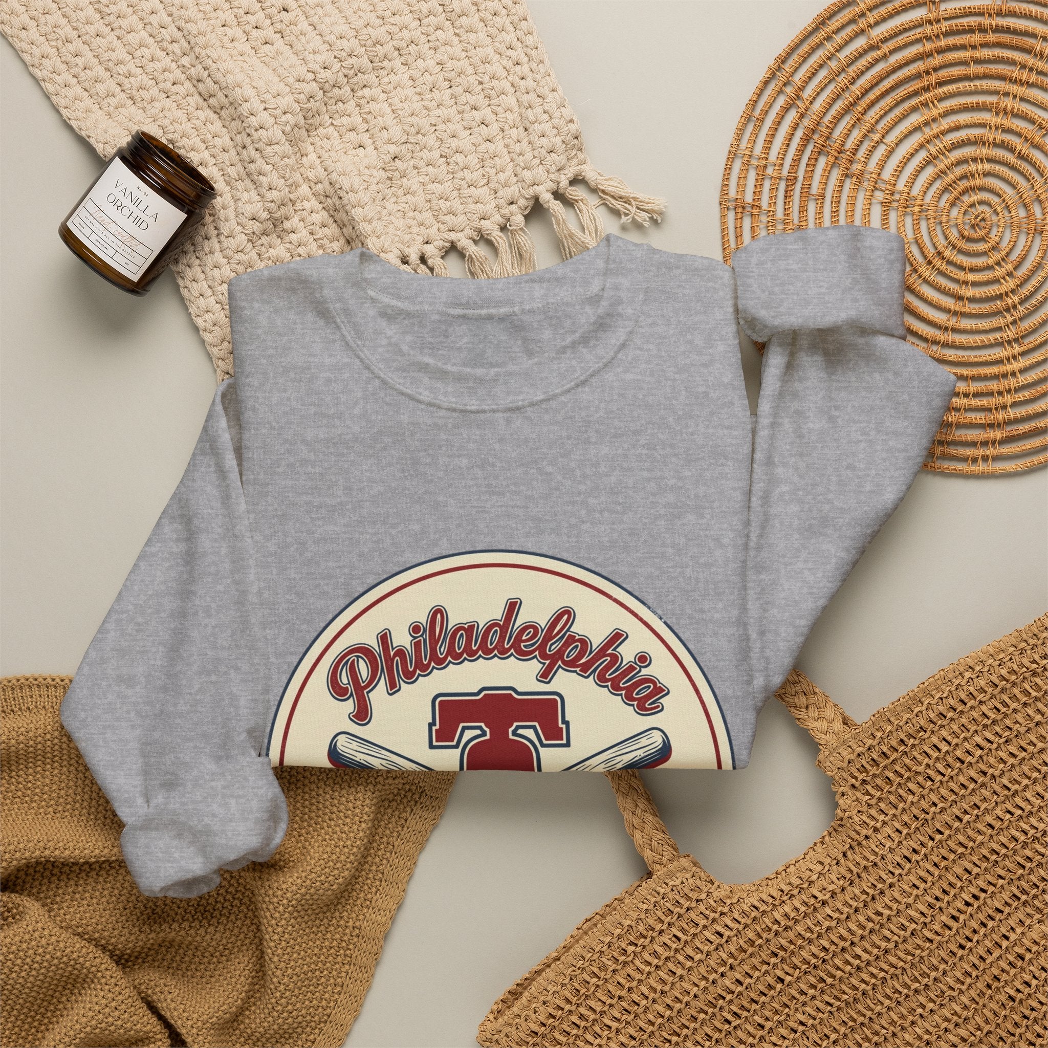Philadelphia Baseball Crewneck, vintage script, state outline, athletic city pride