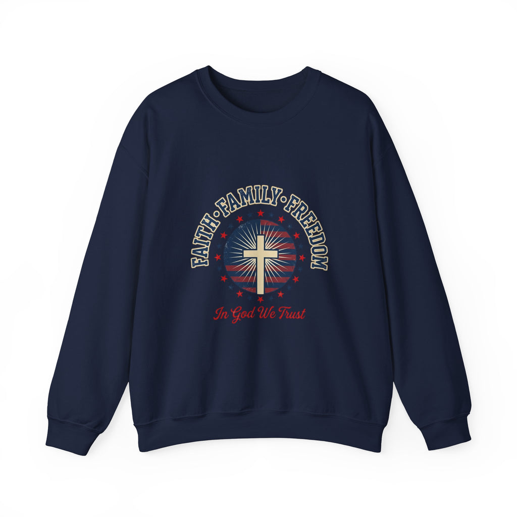Faith Family Freedom Crewneck Sweatshirt | Faith-based Patriotic, Vintage Americana
