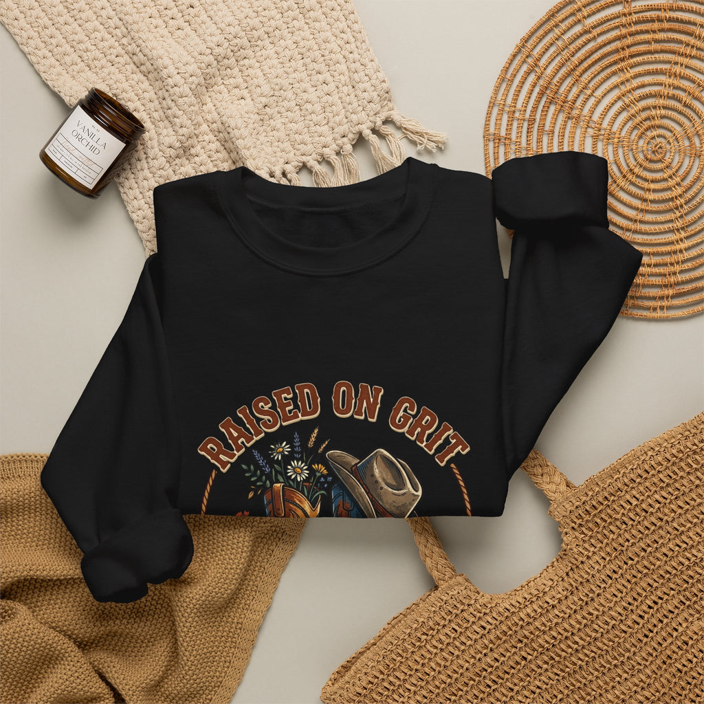 Raised on Grit Boots & Hat Crewneck Sweatshirt | western rustic prairie vintage