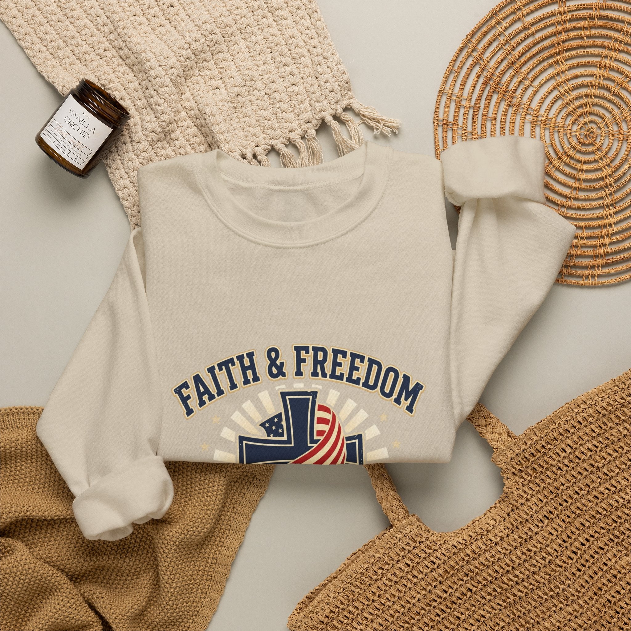 Faith & Freedom cross crewneck Sweatshirt | patriotic, faith-based, vintage Americana