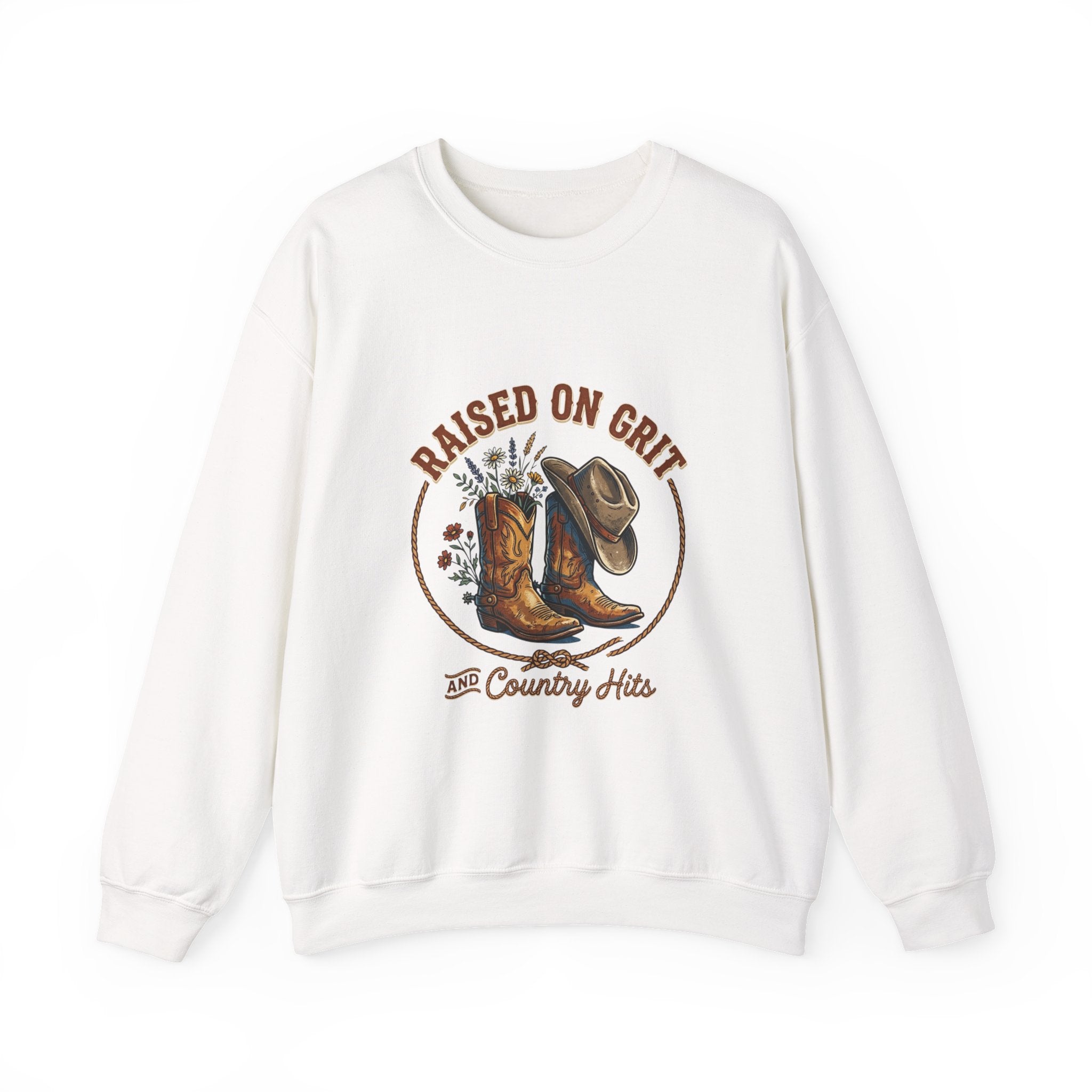 Raised on Grit Boots & Hat Crewneck Sweatshirt | western rustic prairie vintage