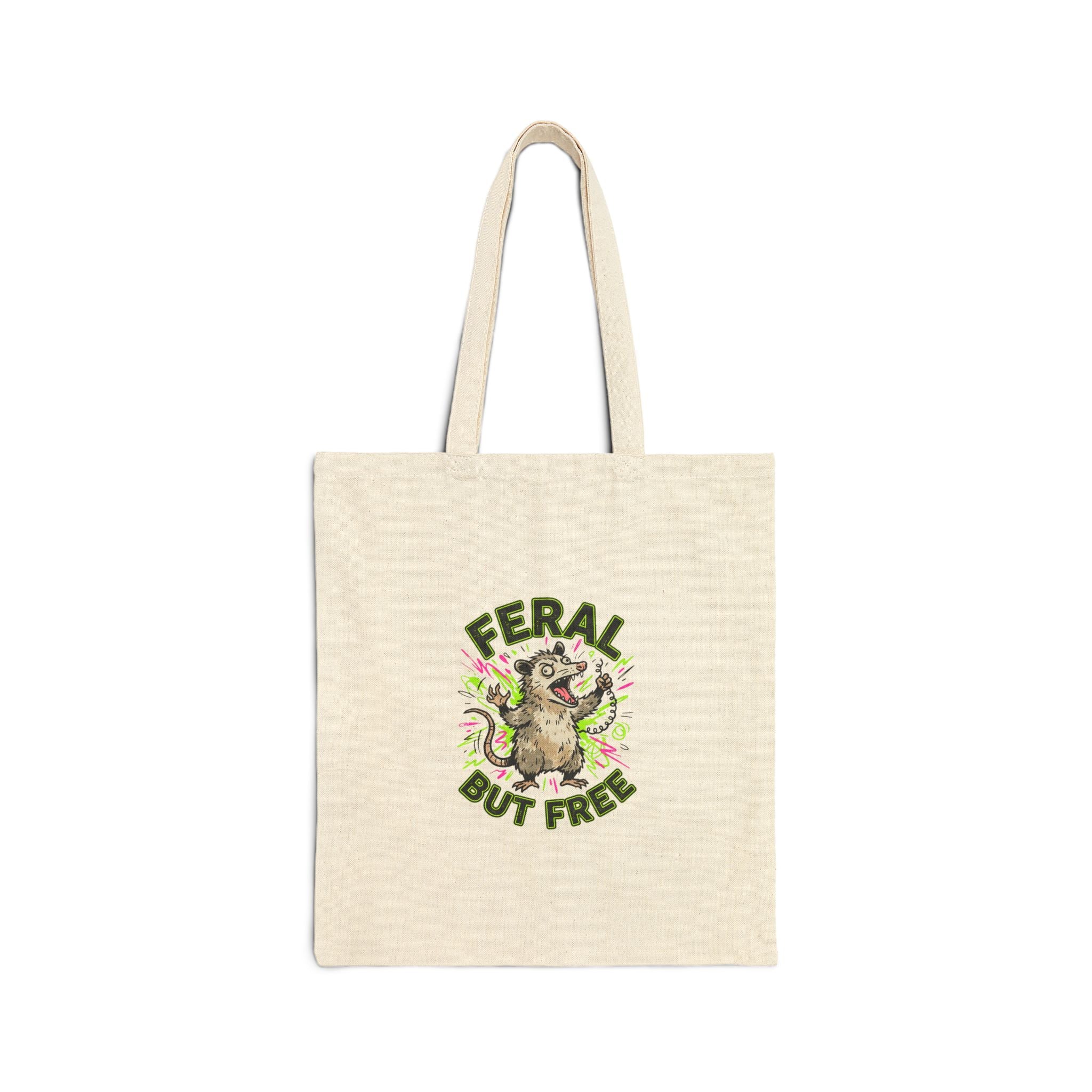 Feral But Free tote, chaotic quirky humor, millennial burnout aesthetic