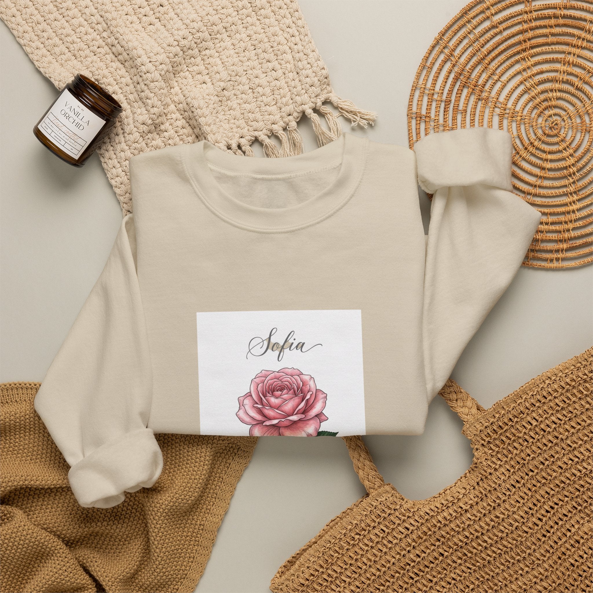 Personalized Birth Flower Rose Sweatshirt | Botanical, Watercolor, Custom Name