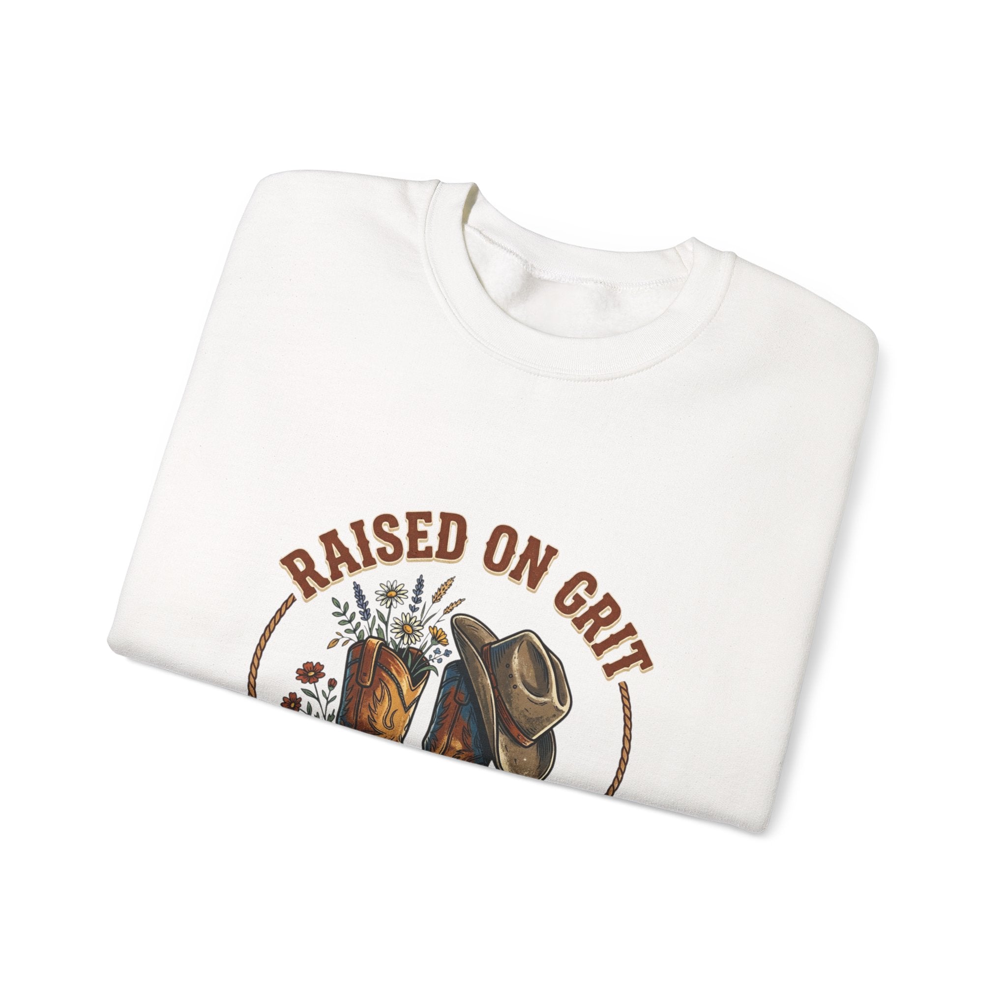 Raised on Grit Boots & Hat Crewneck Sweatshirt | western rustic prairie vintage