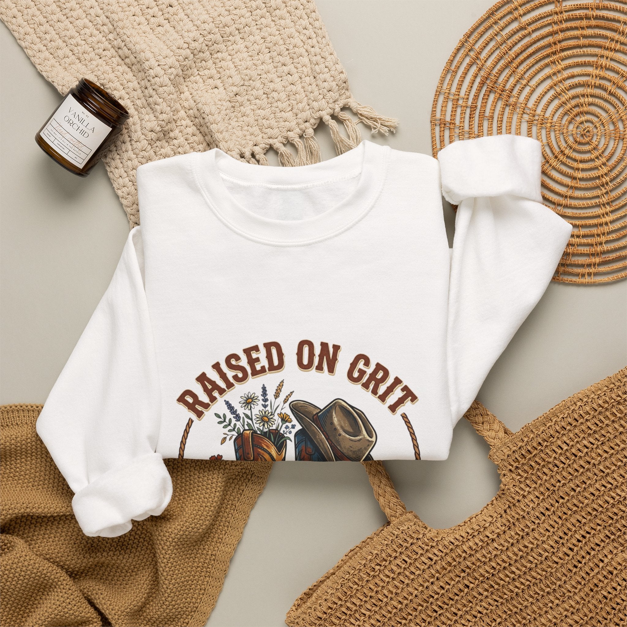 Raised on Grit Boots & Hat Crewneck Sweatshirt | western rustic prairie vintage