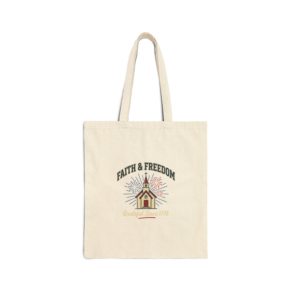 Faith & Freedom Church Illustration Tote, Patriotic Faith-Based July 4th, Vintage Americana
