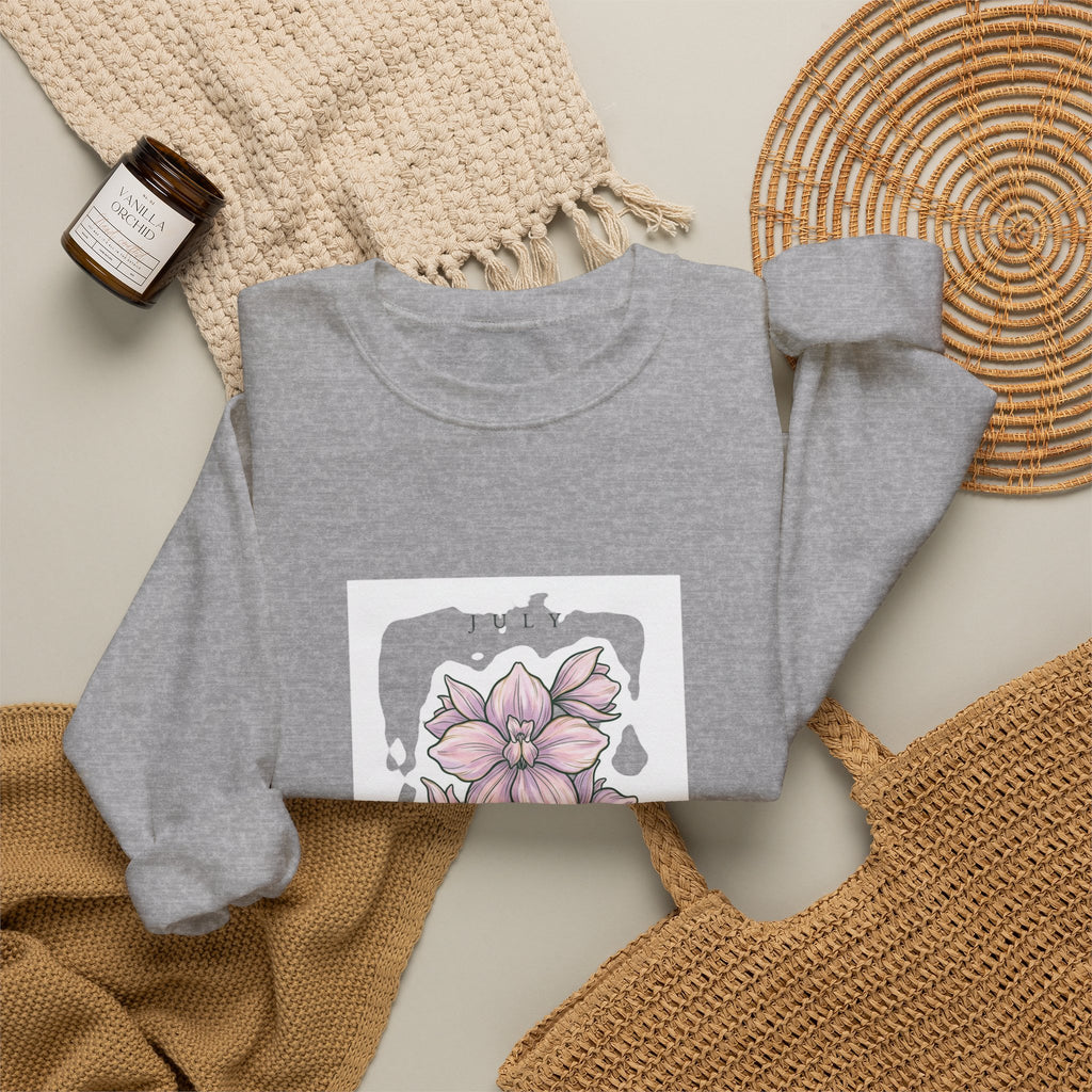 July Birth Flower Crewneck Sweatshirt | Botanical Watercolor, Personalized Name