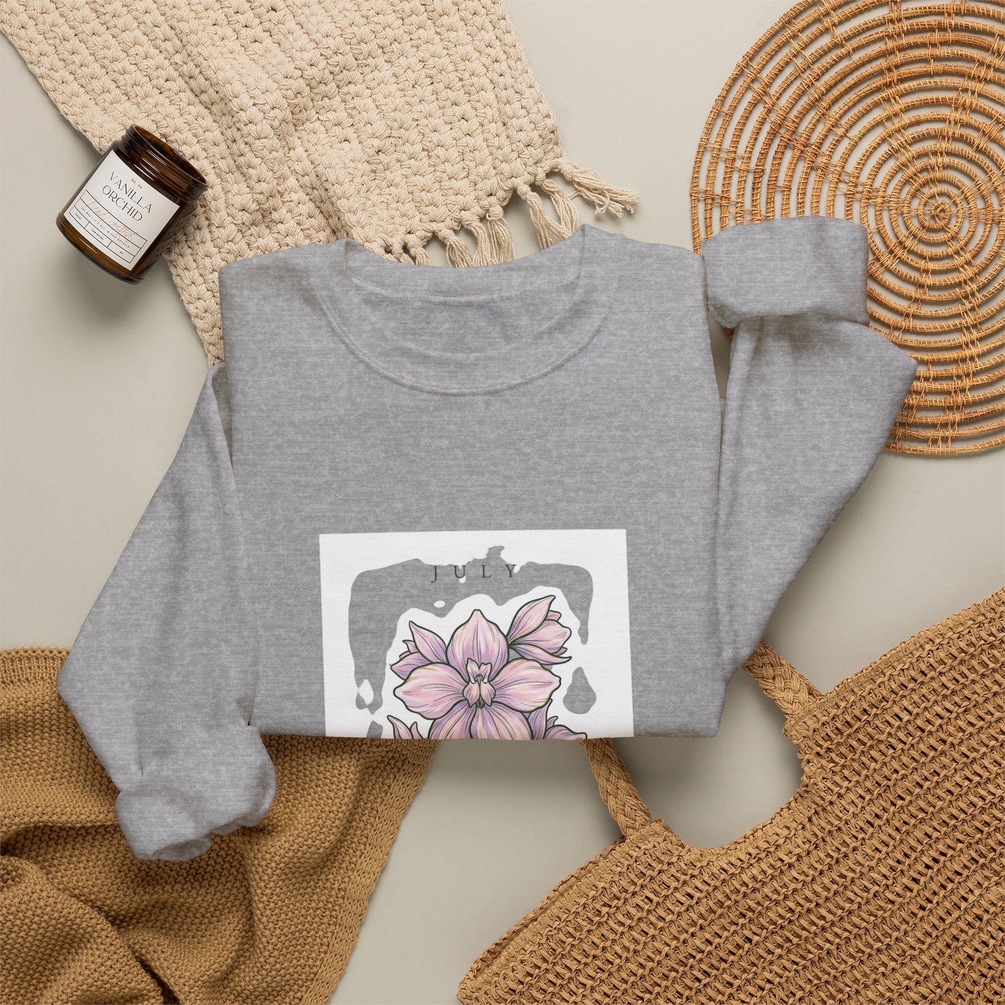 July Birth Flower Crewneck Sweatshirt | Botanical Watercolor, Personalized Name