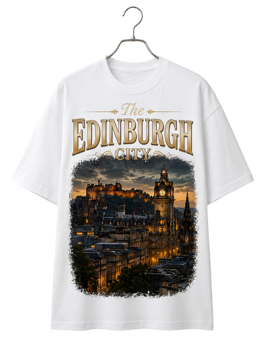Edinburgh Nightscape Boxy Tee — Cityscape Graphic Oversized T-Shirt