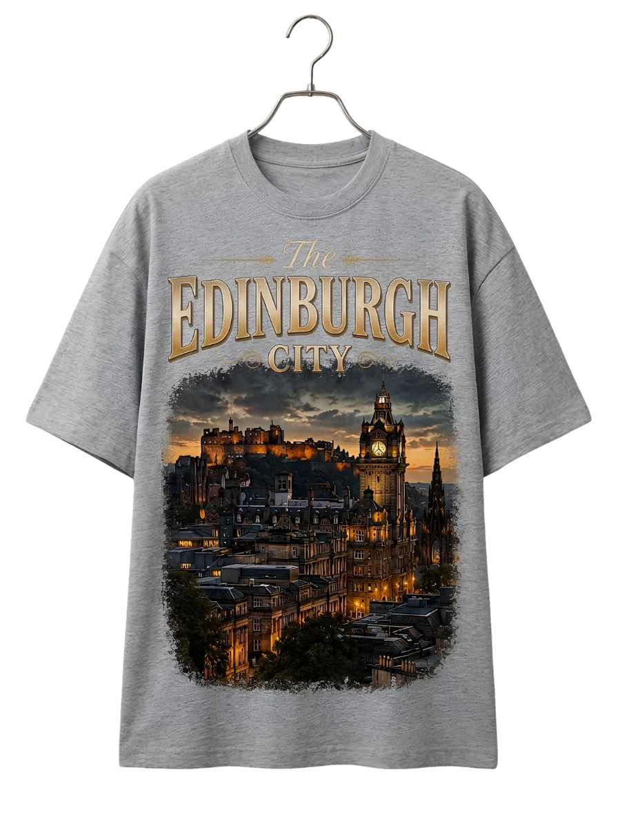 Edinburgh Nightscape Boxy Tee — Cityscape Graphic Oversized T-Shirt