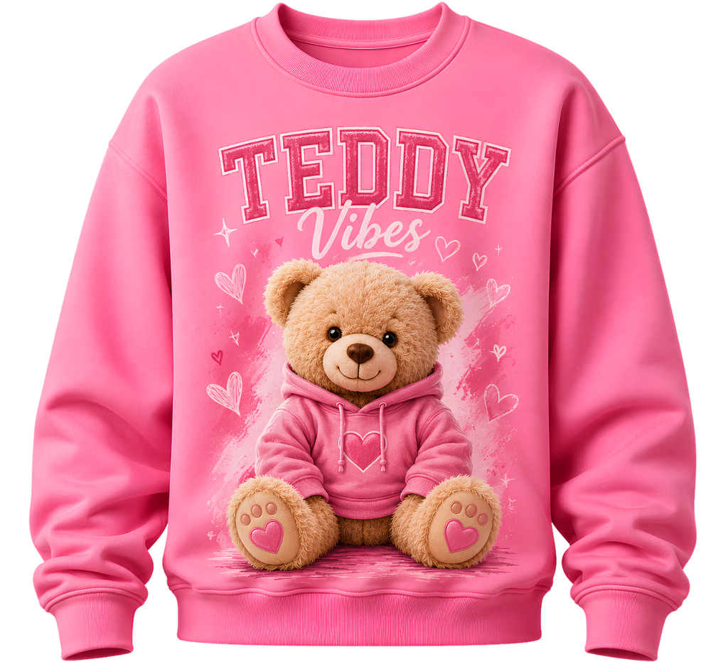 Teddy Bear Graphic Zip Hoodie - Cute Pink 'TEDDY' Design