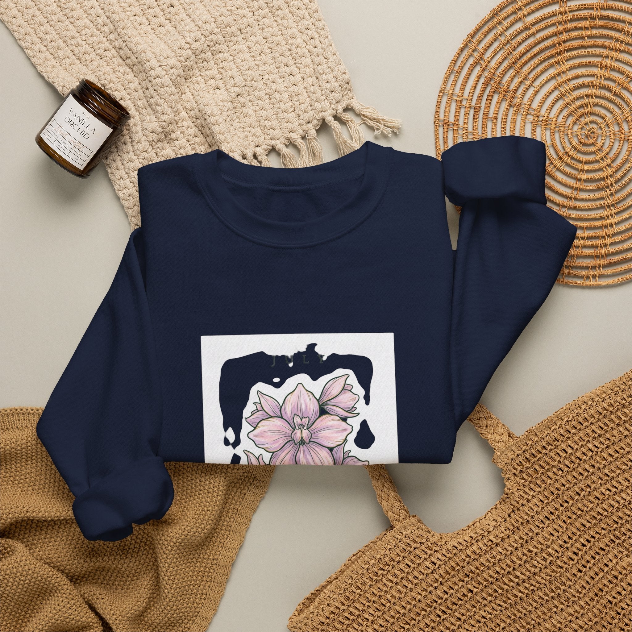 July Birth Flower Crewneck Sweatshirt | Botanical Watercolor, Personalized Name