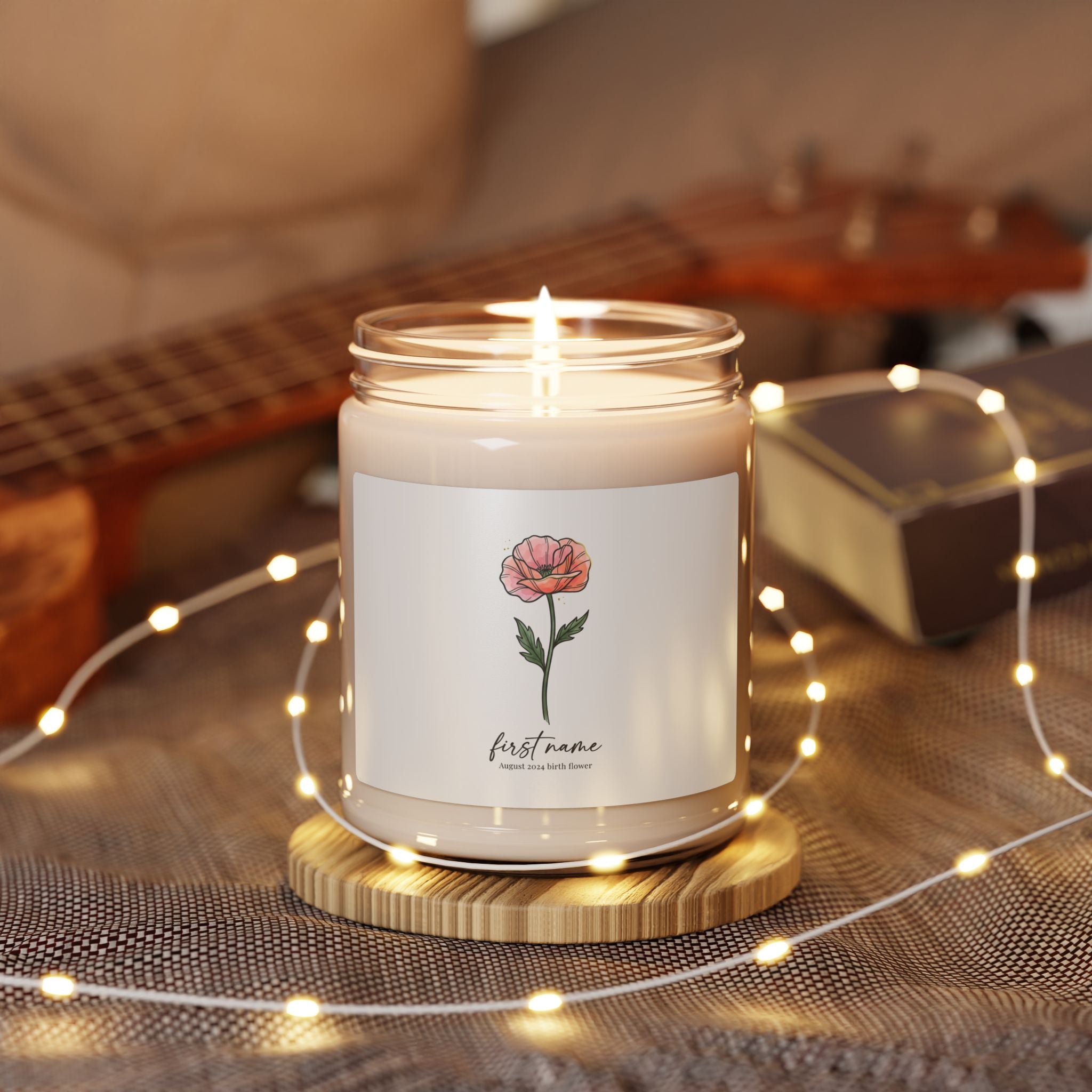 Birth Month Flower Soy Candle, Personalized Botanical Watercolor, Custom Name