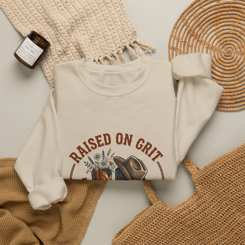 Raised on Grit Boots & Hat Crewneck Sweatshirt | western rustic prairie vintage
