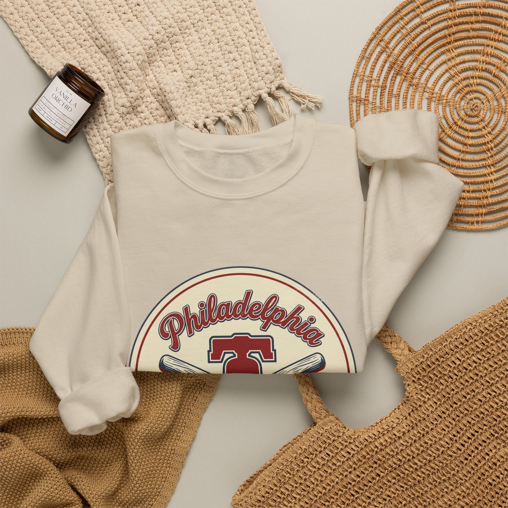 Philadelphia Baseball Crewneck, vintage script, state outline, athletic city pride