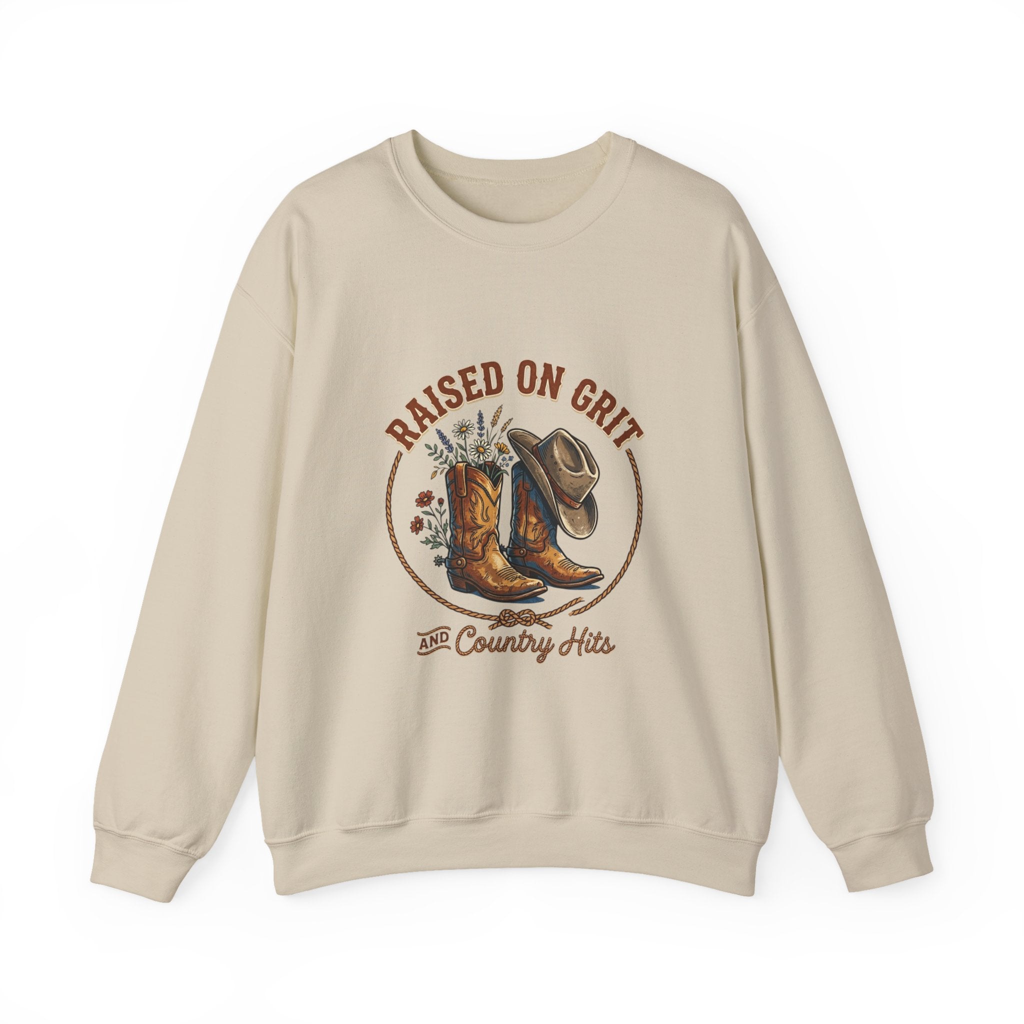 Raised on Grit Boots & Hat Crewneck Sweatshirt | western rustic prairie vintage