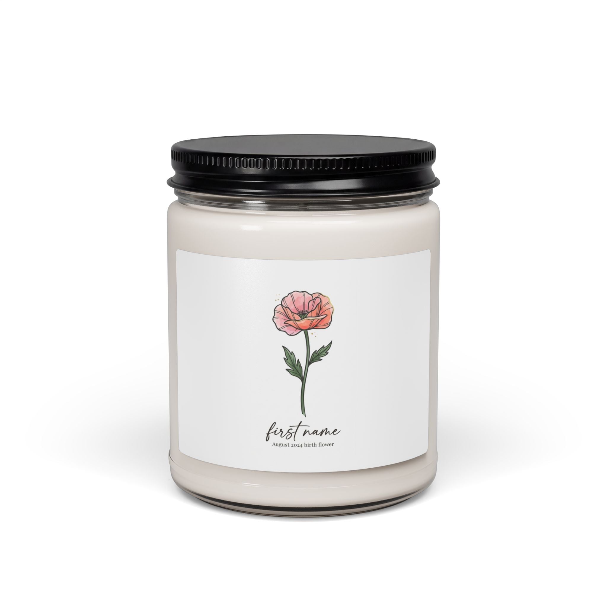 Birth Month Flower Soy Candle, Personalized Botanical Watercolor, Custom Name