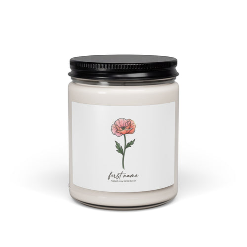 Birth Month Flower Soy Candle, Personalized Botanical Watercolor, Custom Name