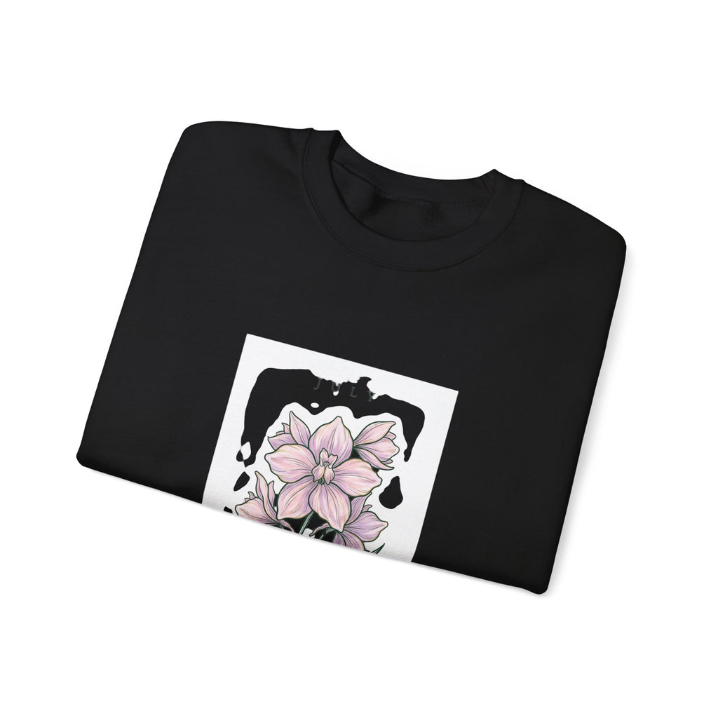 July Birth Flower Crewneck Sweatshirt | Botanical Watercolor, Personalized Name