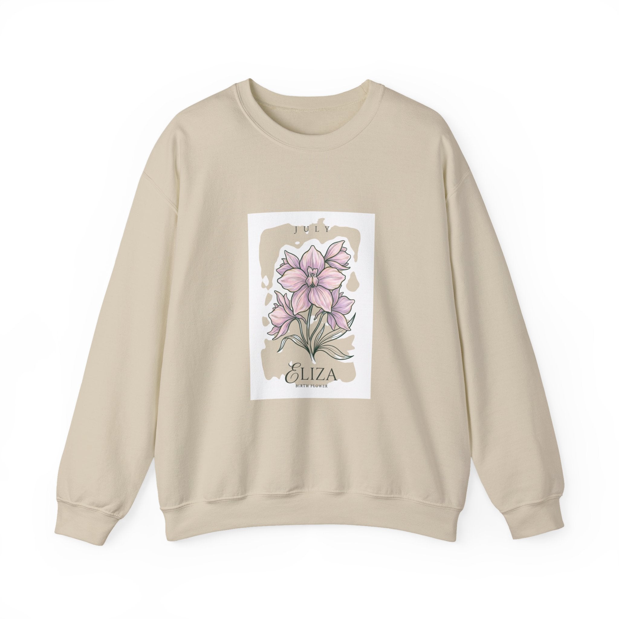 July Birth Flower Crewneck Sweatshirt | Botanical Watercolor, Personalized Name