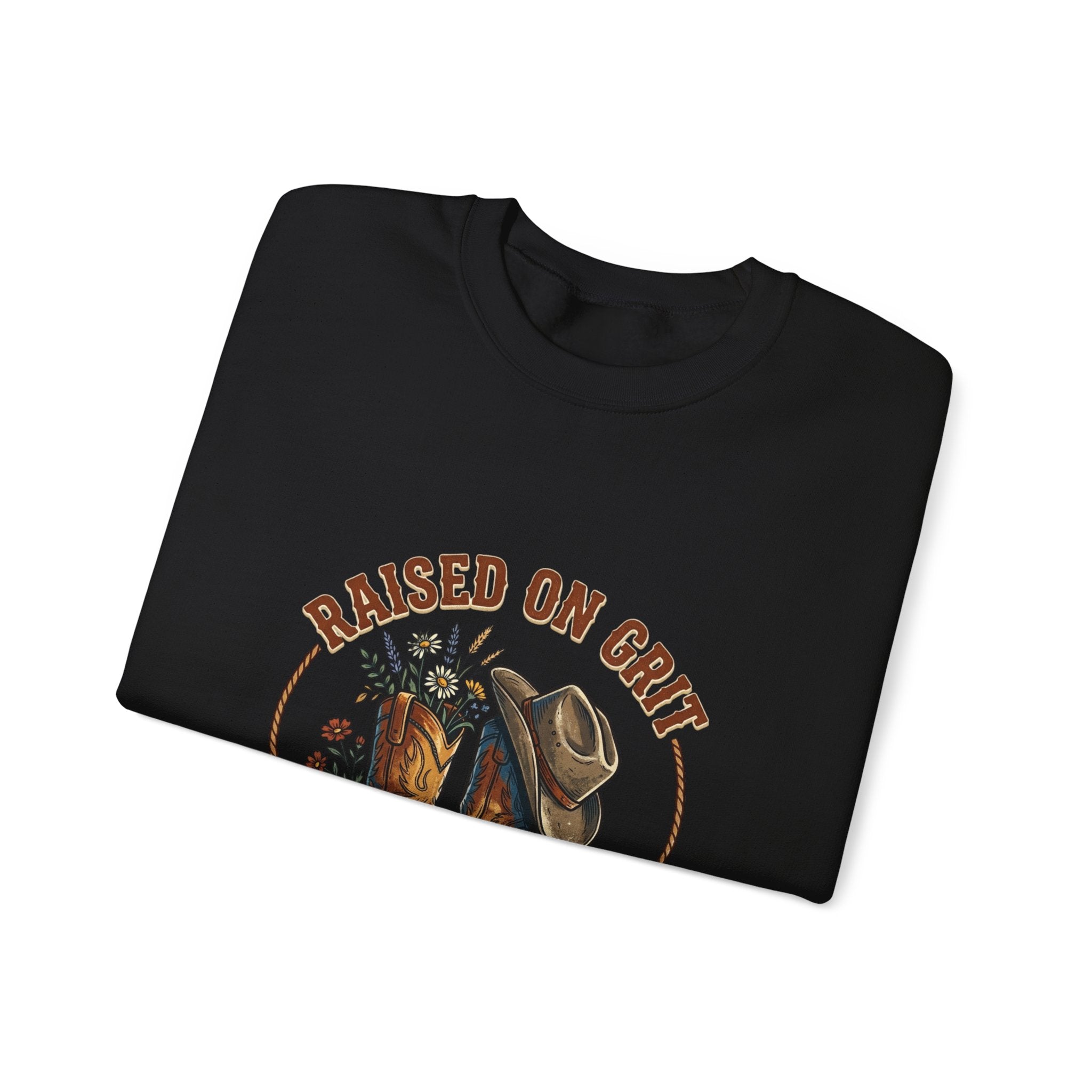 Raised on Grit Boots & Hat Crewneck Sweatshirt | western rustic prairie vintage