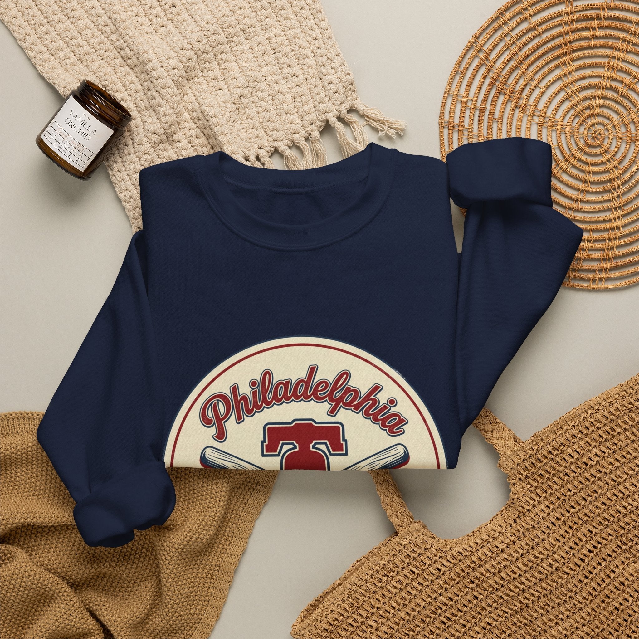 Philadelphia Baseball Crewneck, vintage script, state outline, athletic city pride