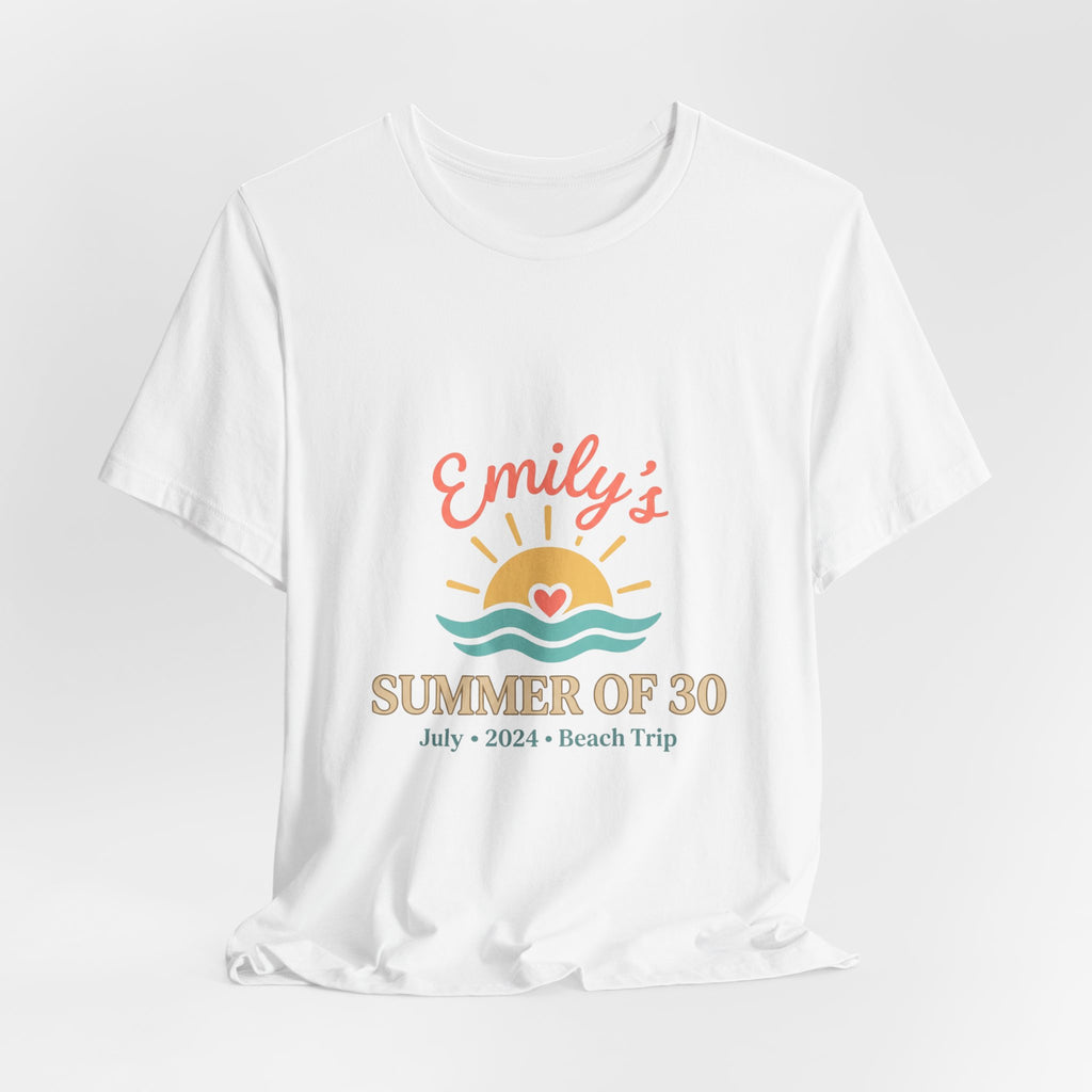 Emily’s Summer of 30 Tee | custom age, birthday trip, pastel keepsake