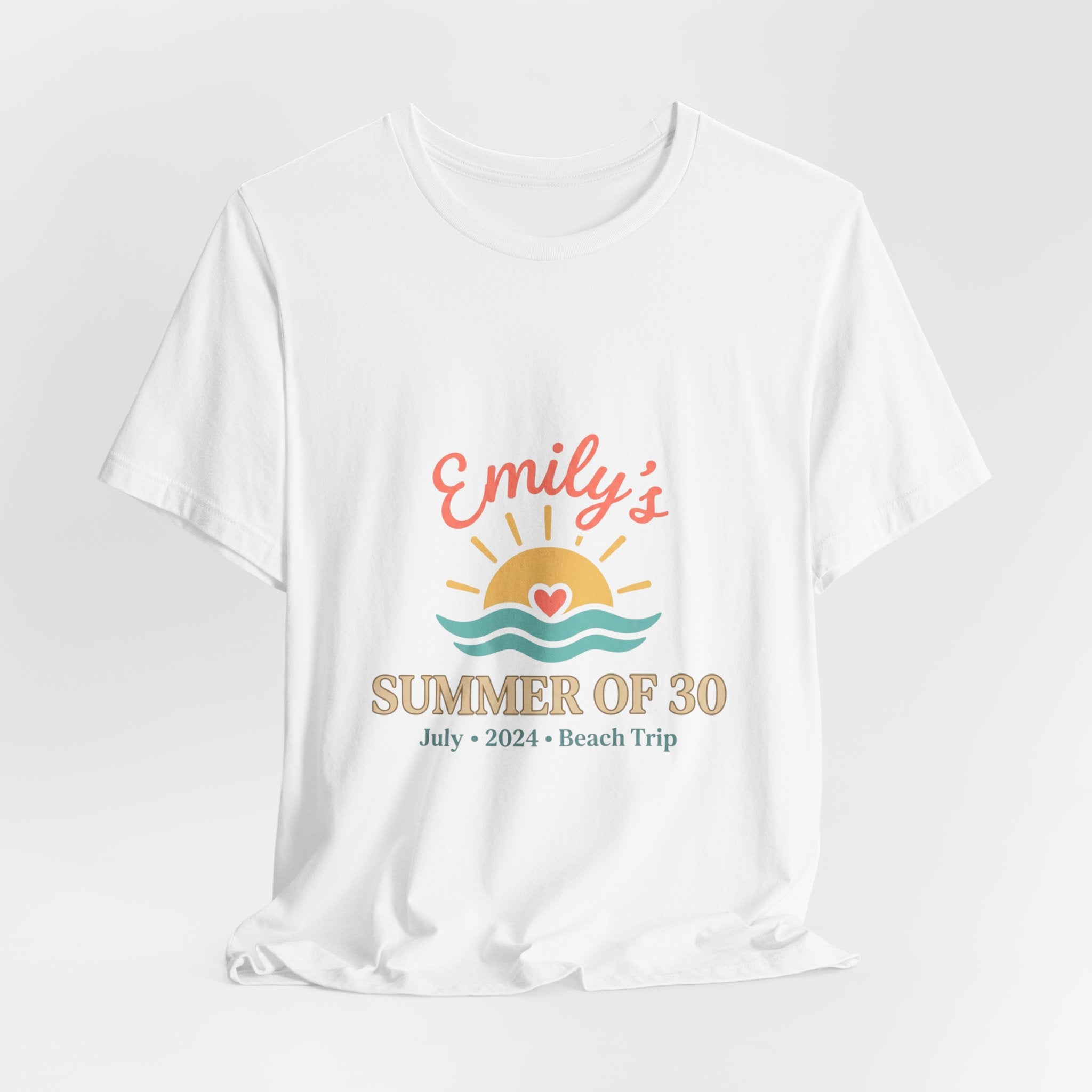 Emily’s Summer of 30 Tee | custom age, birthday trip, pastel keepsake