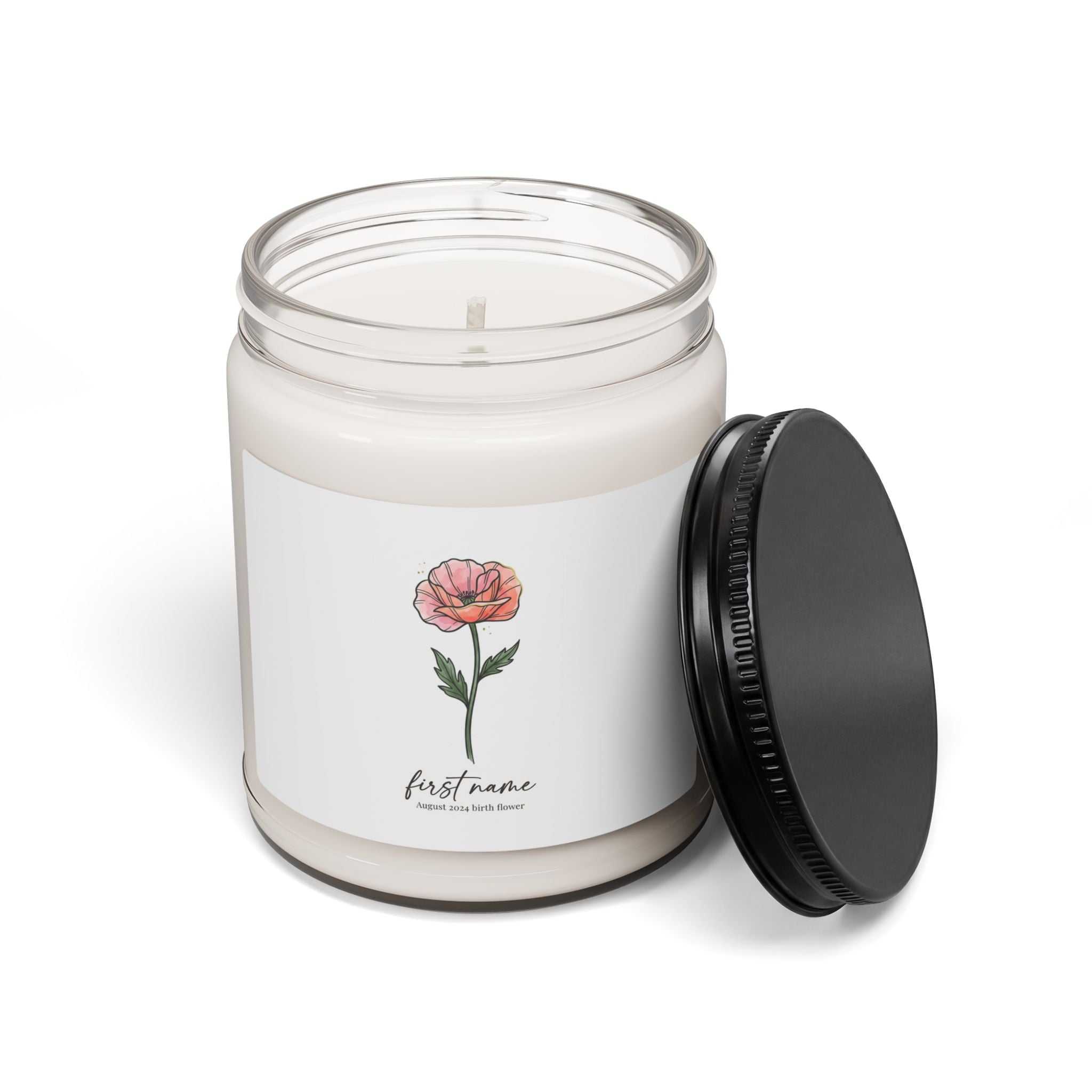 Birth Month Flower Soy Candle, Personalized Botanical Watercolor, Custom Name