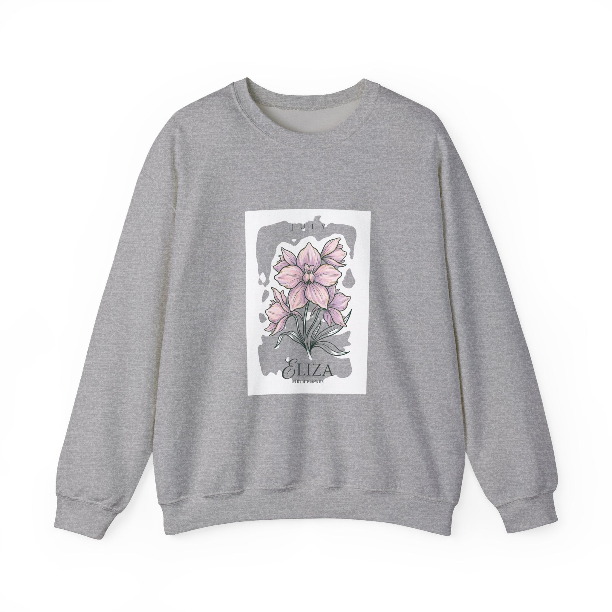 July Birth Flower Crewneck Sweatshirt | Botanical Watercolor, Personalized Name