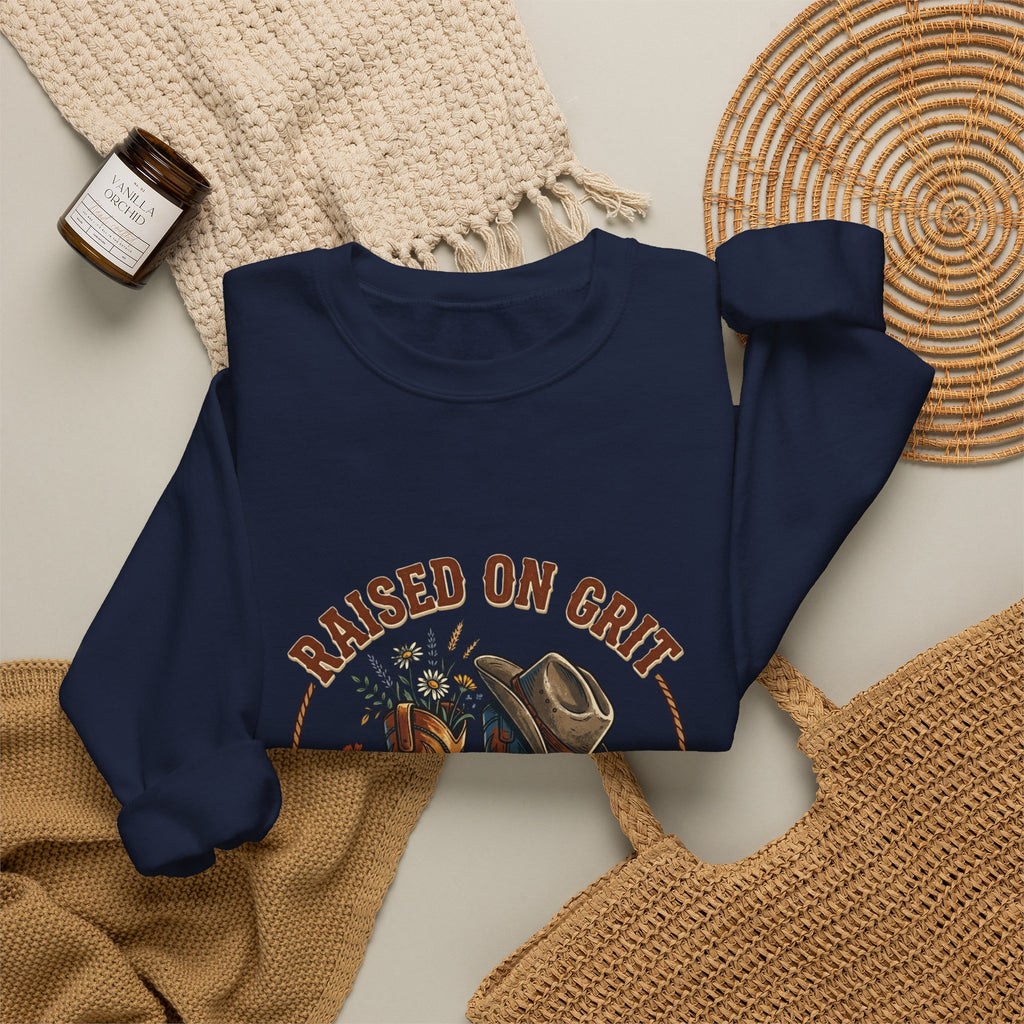 Raised on Grit Boots & Hat Crewneck Sweatshirt | western rustic prairie vintage
