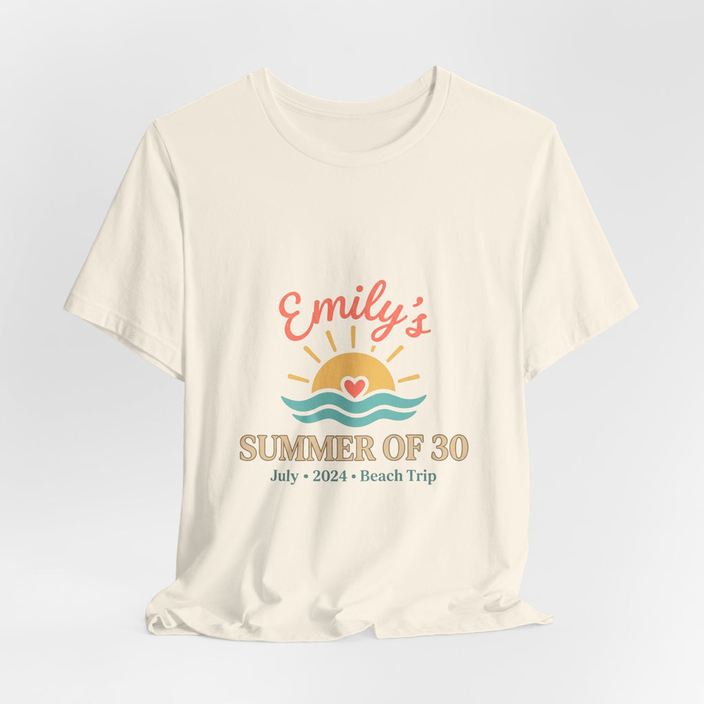 Emily’s Summer of 30 Tee | custom age, birthday trip, pastel keepsake