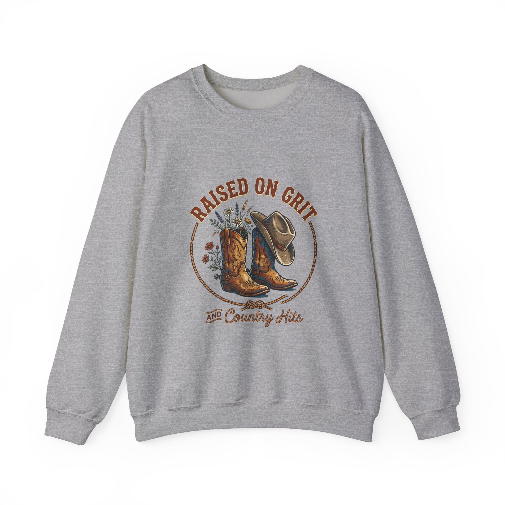 Raised on Grit Boots & Hat Crewneck Sweatshirt | western rustic prairie vintage