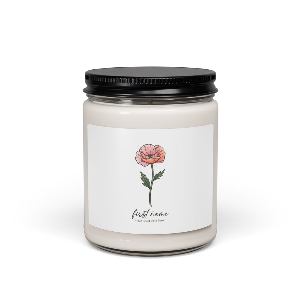 Birth Month Flower Soy Candle, Personalized Botanical Watercolor, Custom Name