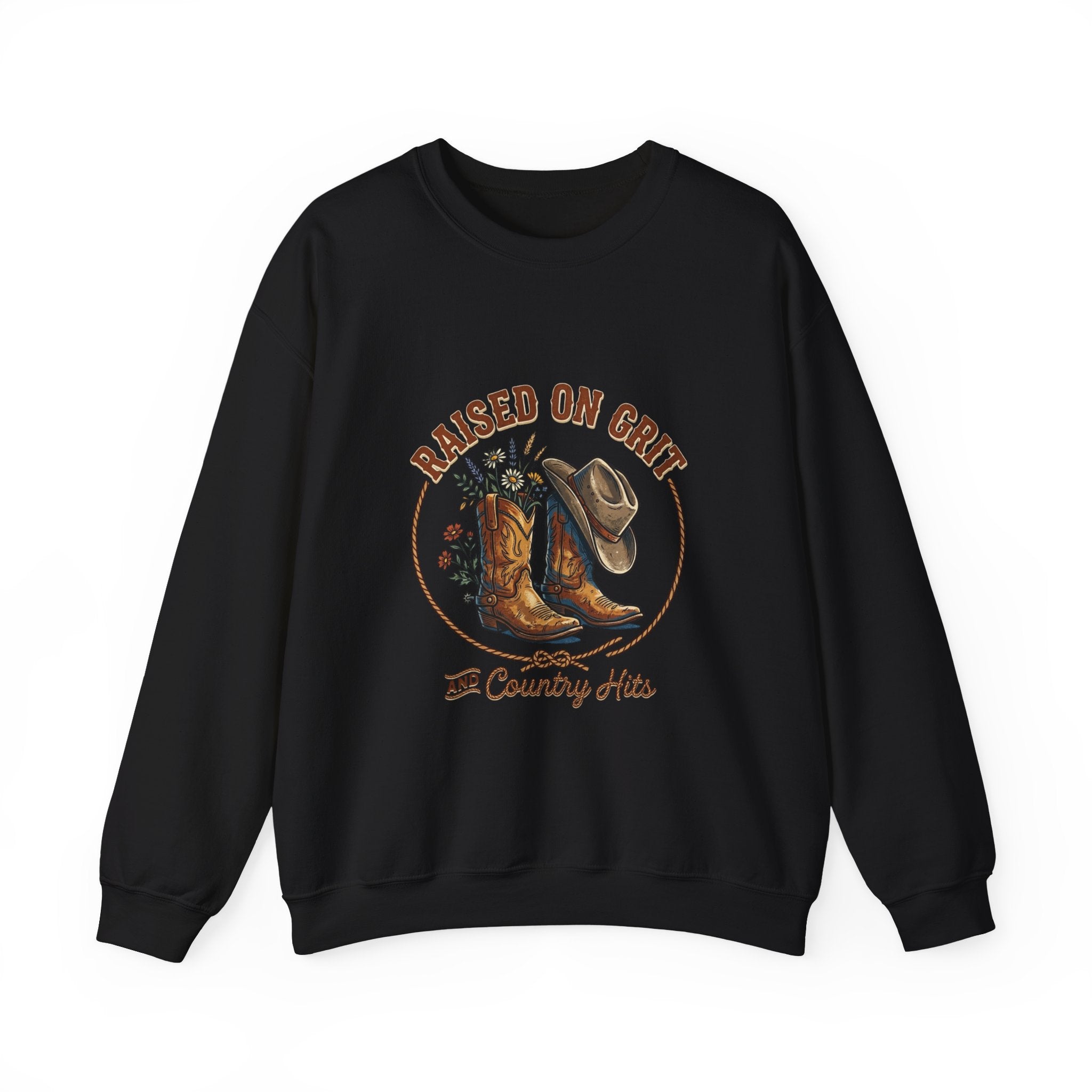Raised on Grit Boots & Hat Crewneck Sweatshirt | western rustic prairie vintage