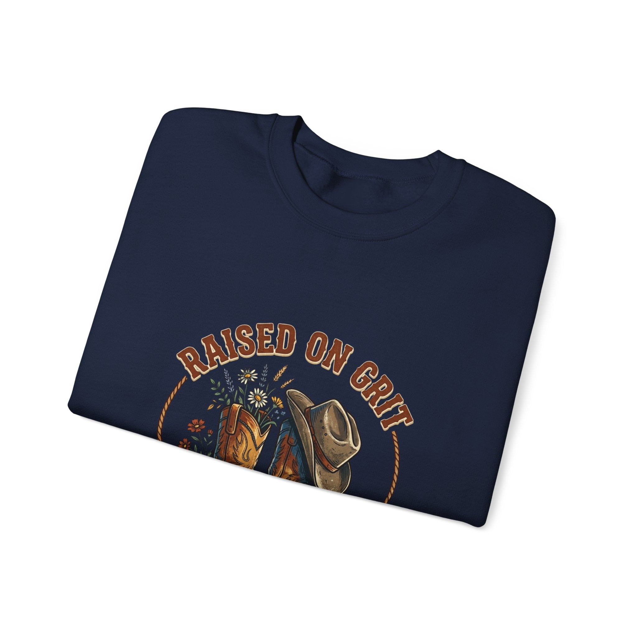 Raised on Grit Boots & Hat Crewneck Sweatshirt | western rustic prairie vintage