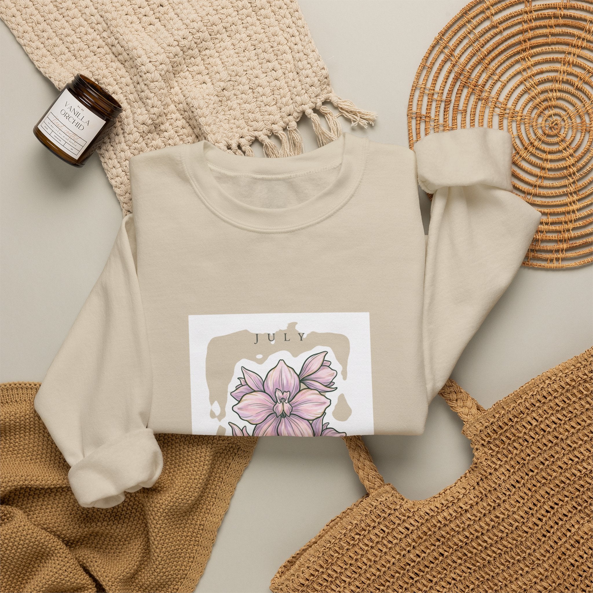 July Birth Flower Crewneck Sweatshirt | Botanical Watercolor, Personalized Name